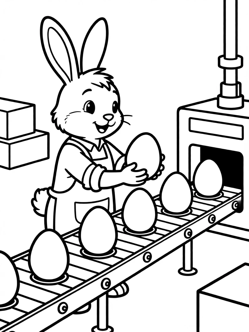 A bunny working at an Easter egg factory assembly line
