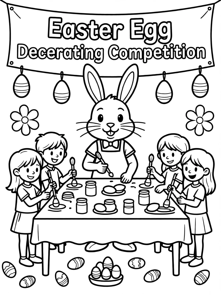 A bunny hosting an Easter egg decorating competition
