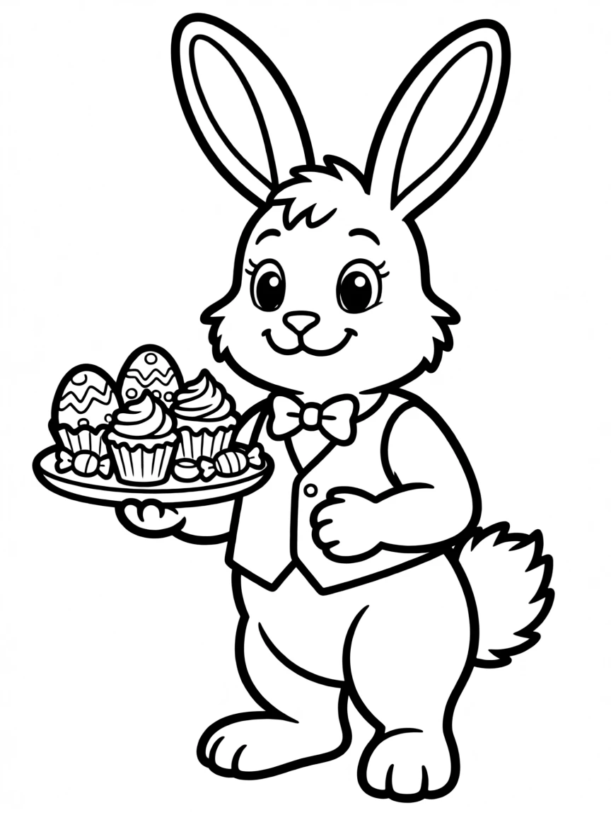 A bunny wearing a vest and bow tie serving Easter treats
