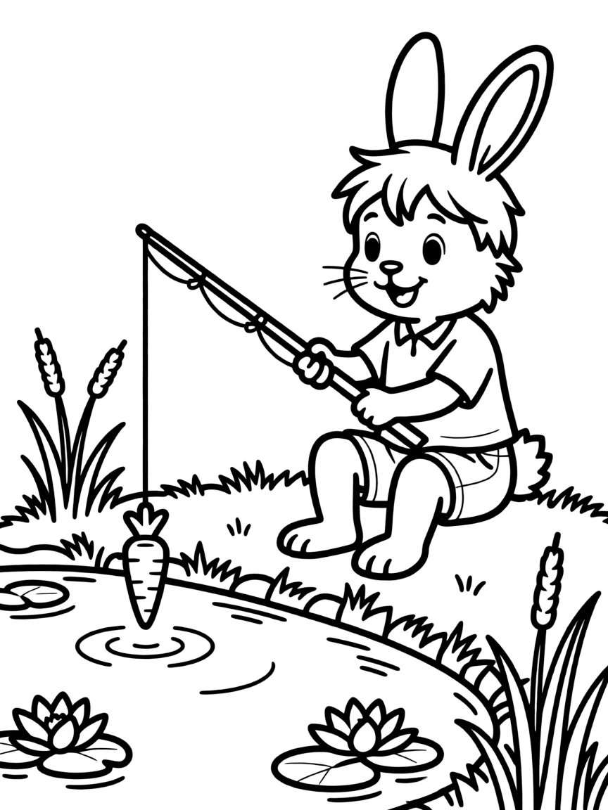 A bunny fishing in a pond with a carrot as bait