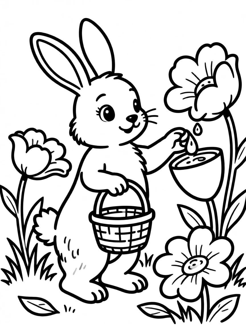 A bunny with a basket collecting morning dew in flower cups