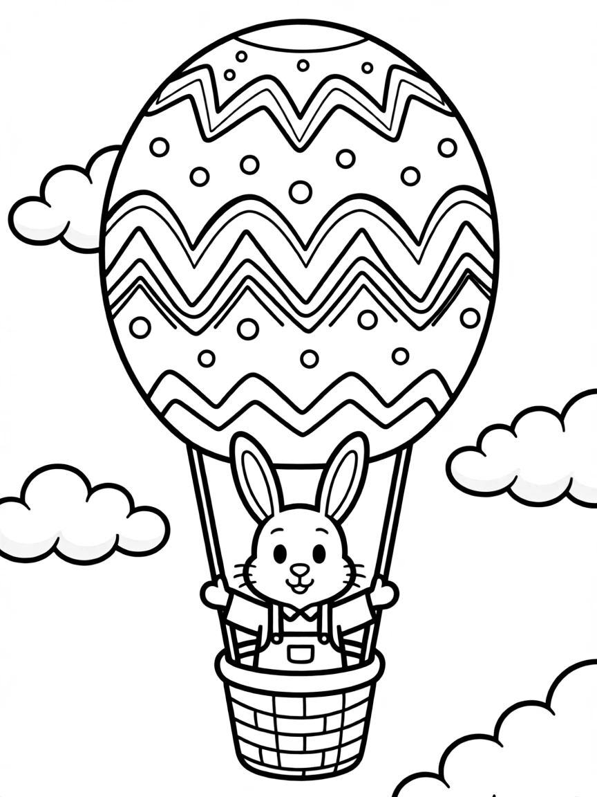 A bunny operating a hot air balloon shaped like an Easter egg