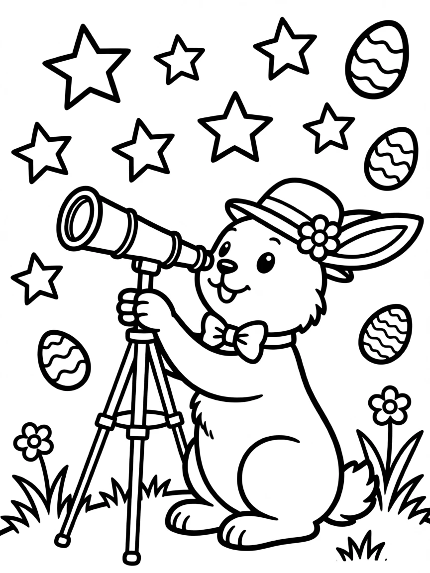 A bunny with a telescope observing stars shaped like Easter eggs