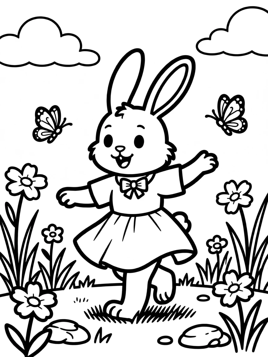 A bunny dancing with butterflies in a spring meadow
