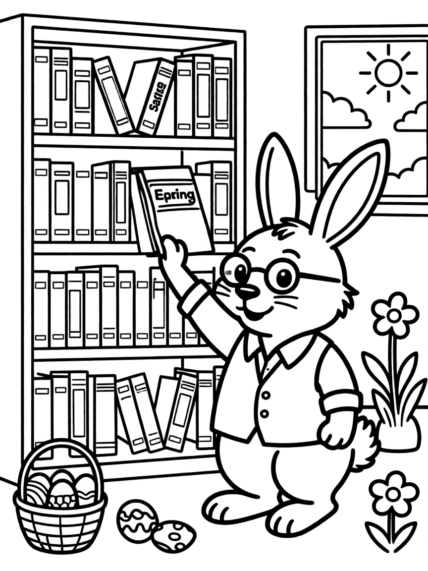 A bunny librarian organizing books about spring and Easter