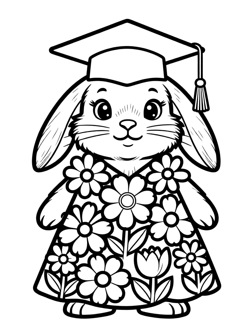 A bunny wearing a graduation cap and gown made of flowers