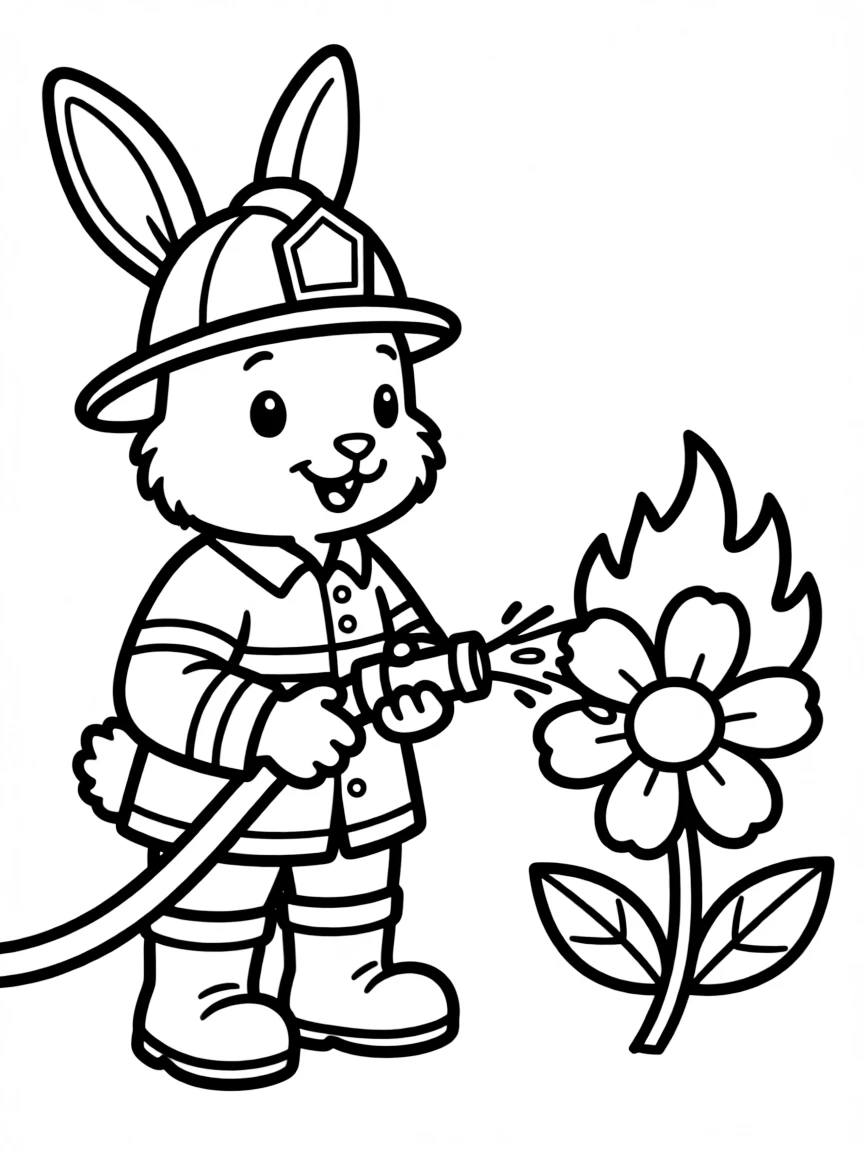 A bunny dressed as a firefighter putting out a flower fire