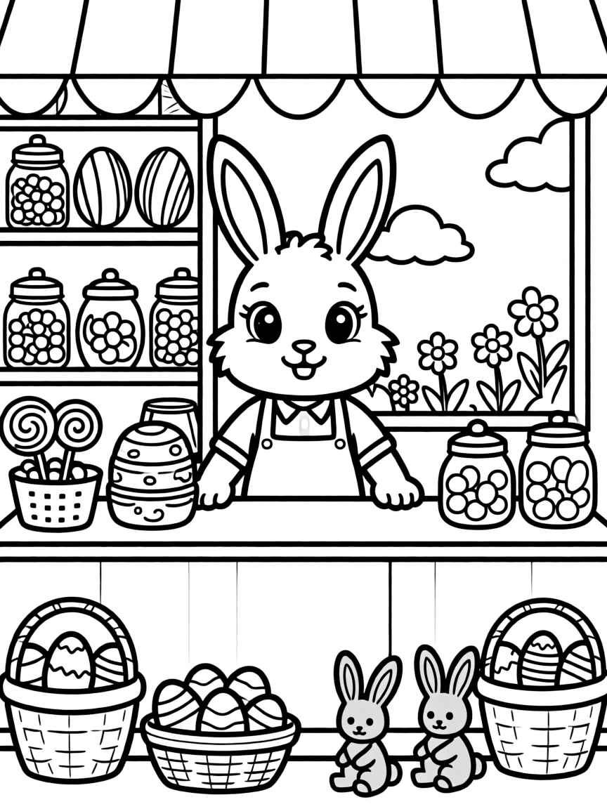 A bunny operating a candy shop filled with Easter treats