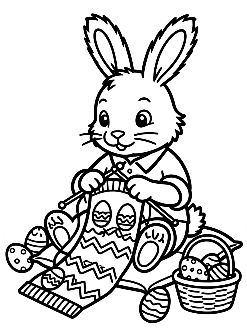 A bunny knitting a sweater with Easter egg patterns