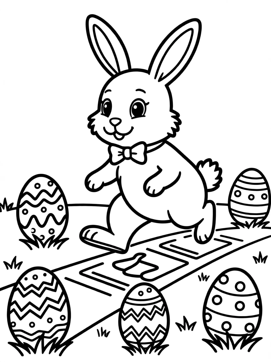 A bunny playing hopscotch on a path of Easter eggs