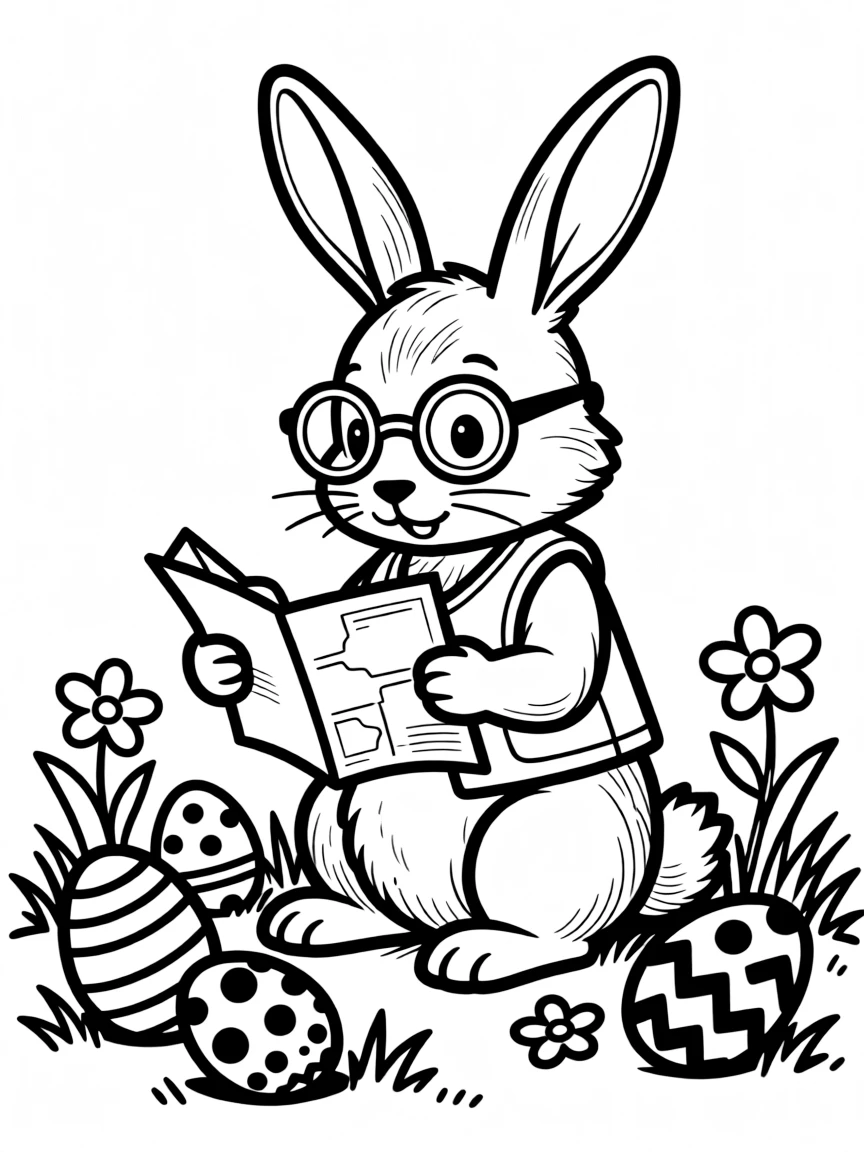 A bunny with bifocals reading a tiny map to find Easter eggs