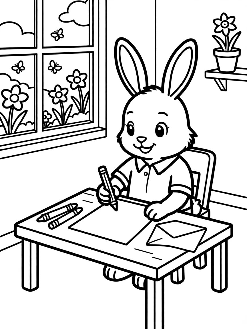 A bunny writing a letter to friends about spring activities