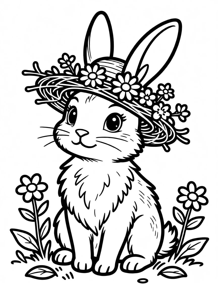 A bunny wearing a hat made of twigs and spring flowers