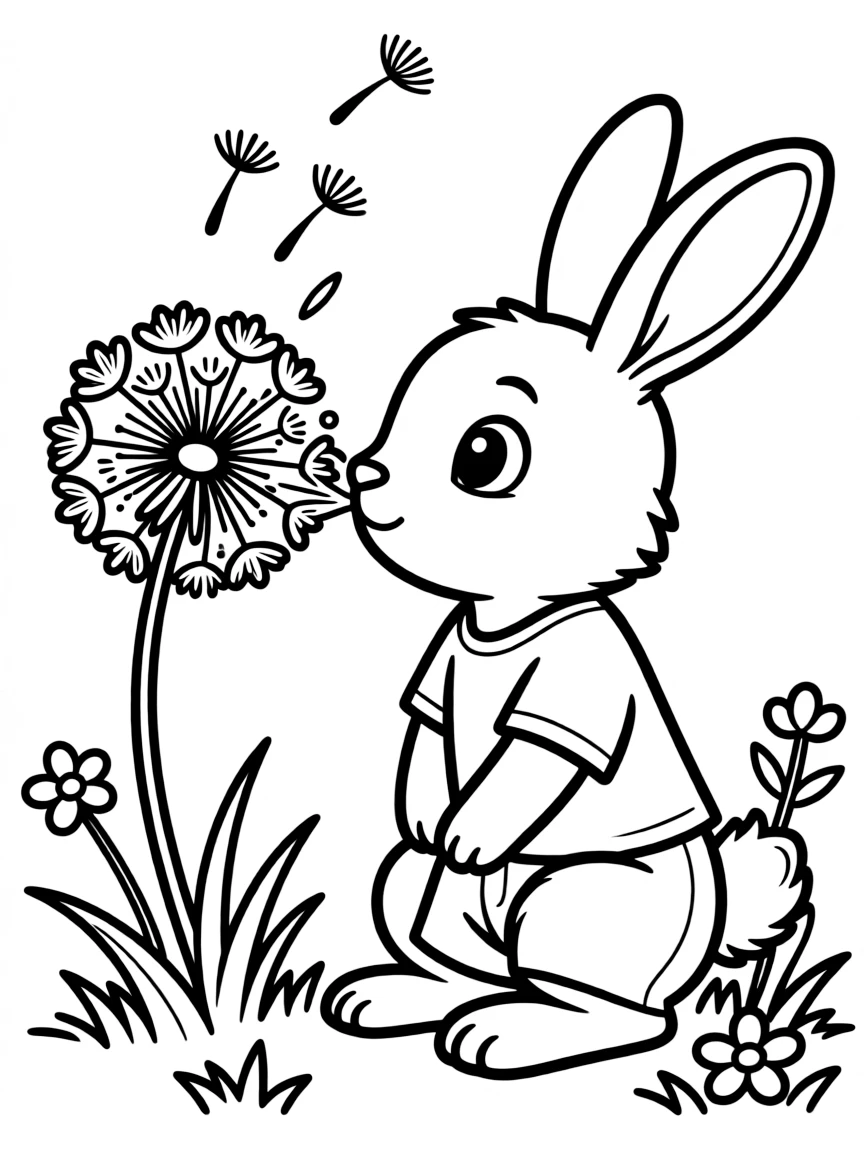 A bunny making a wish on a dandelion puff