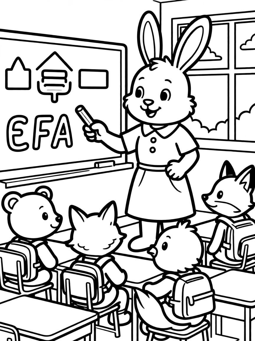 A bunny teacher at a school for baby animals