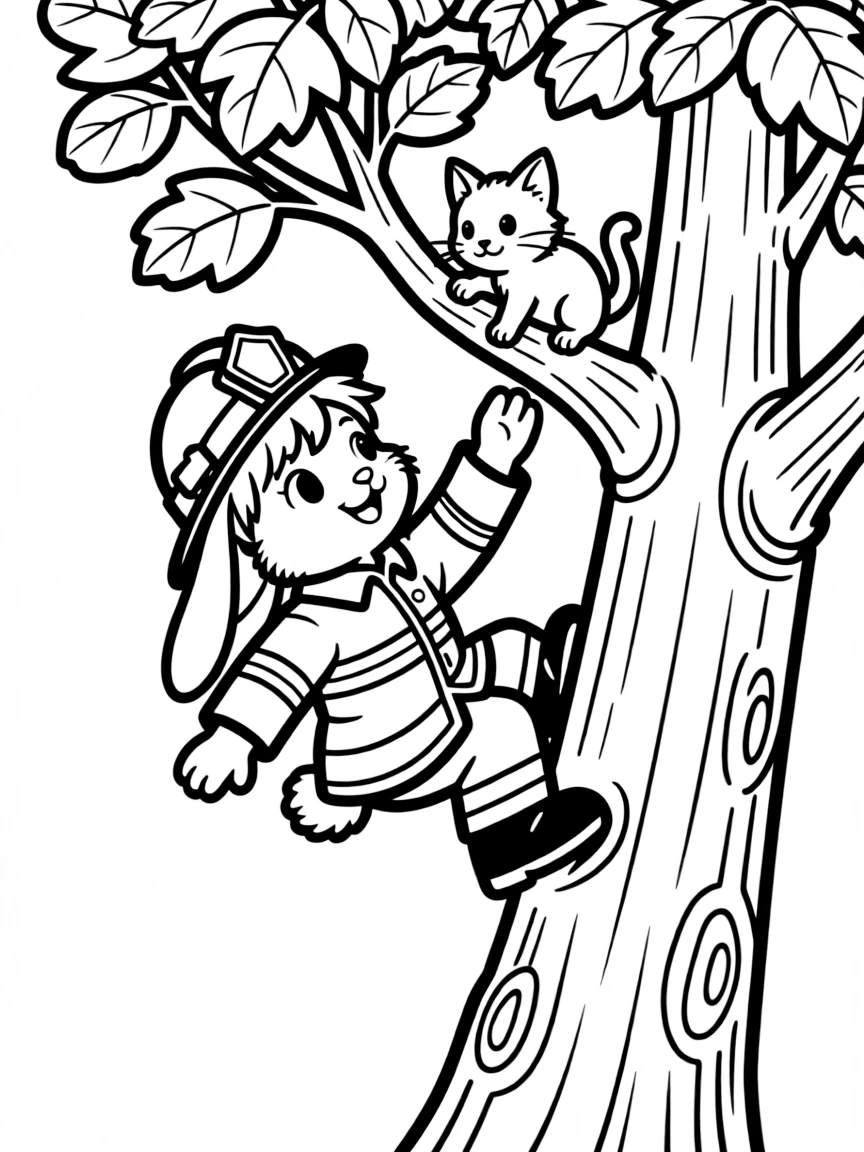 A bunny firefighter rescuing a kitten from a tree