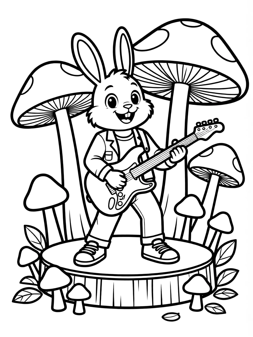 A bunny rock star performing on a stage made of mushrooms