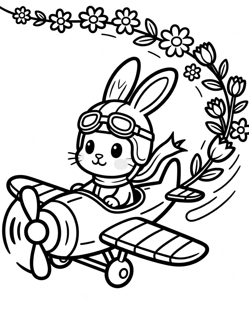A bunny pilot flying a plane that leaves a trail of flowers