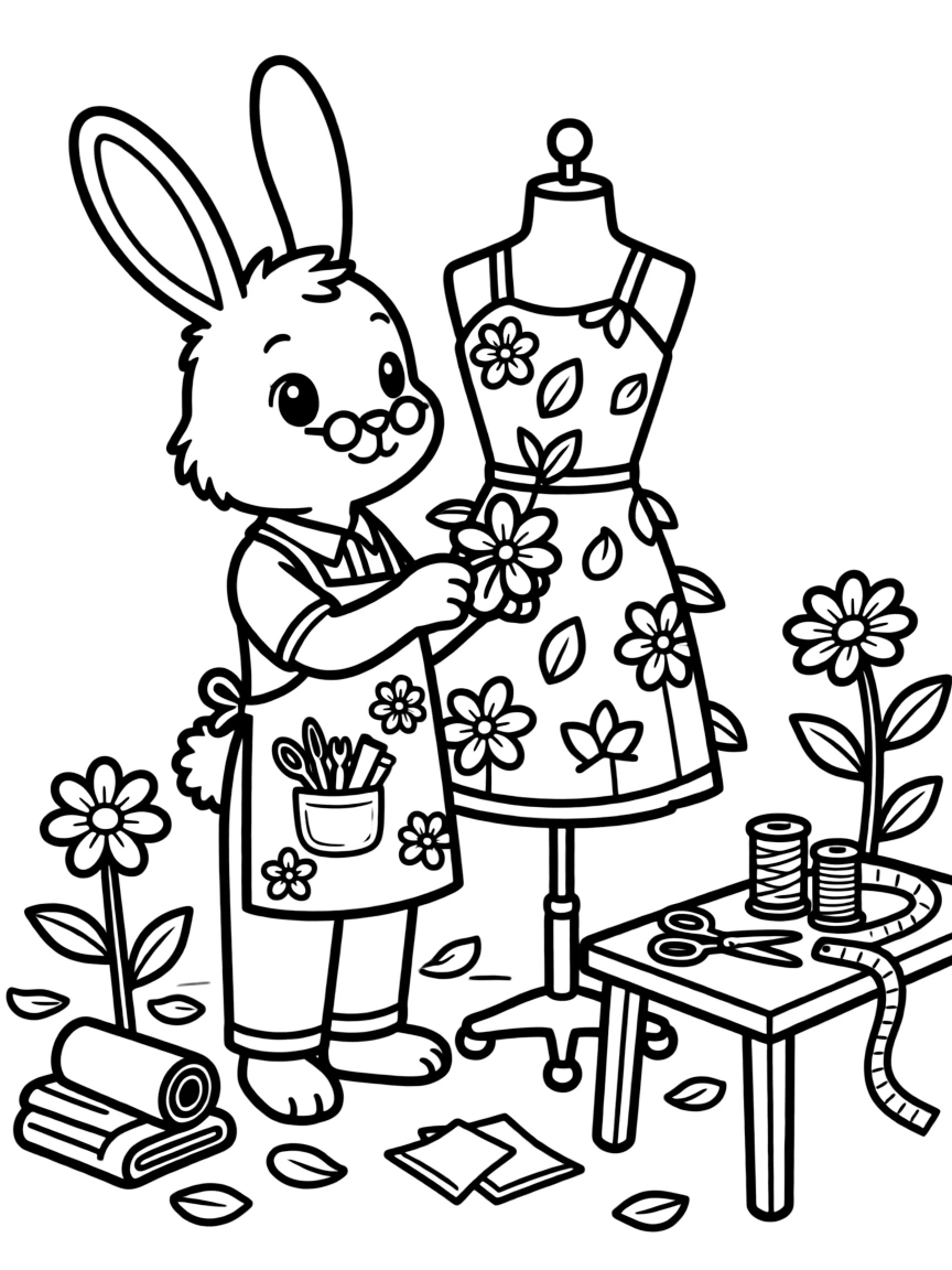 A bunny fashion designer creating outfits made of flowers