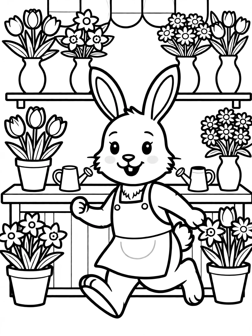 A bunny running a flower shop with seasonal spring blooms