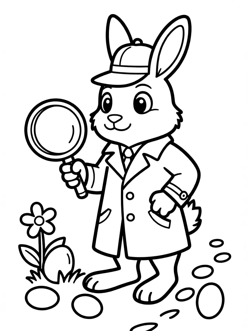 A bunny detective investigating a missing Easter egg case