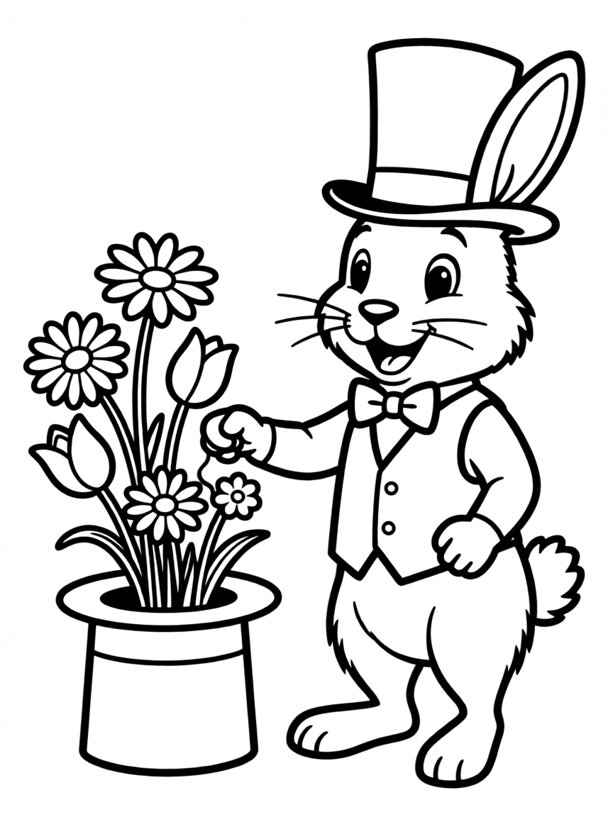 A bunny magician pulling flowers out of a hat