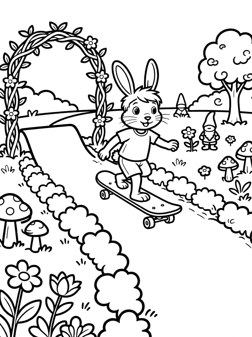 A bunny skateboarding through a garden obstacle course