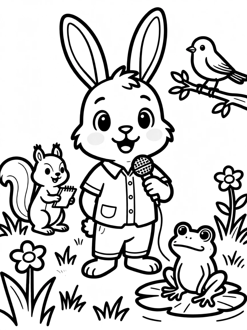 A bunny journalist interviewing spring animals for a news story