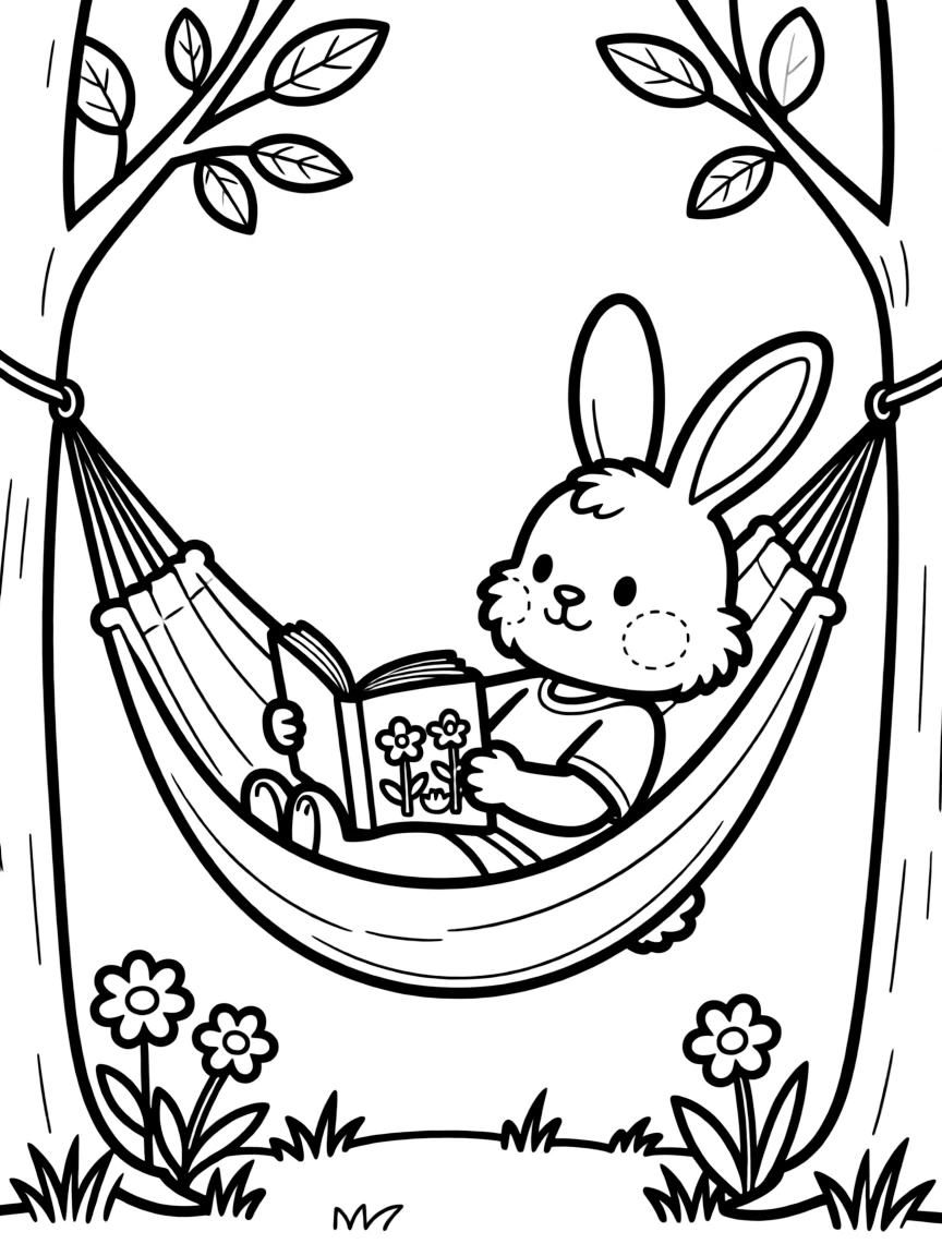 A bunny in a hammock reading a book about gardening