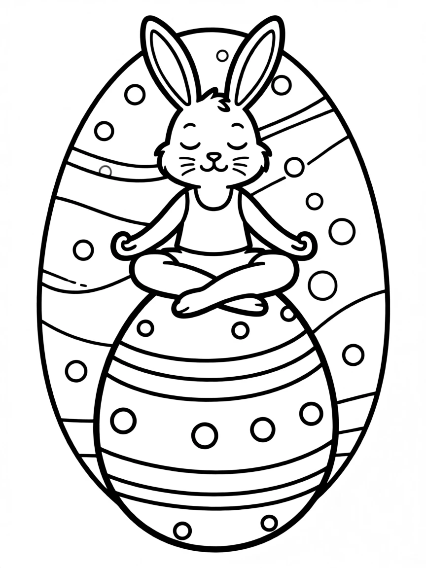 A bunny practicing yoga on a giant Easter egg