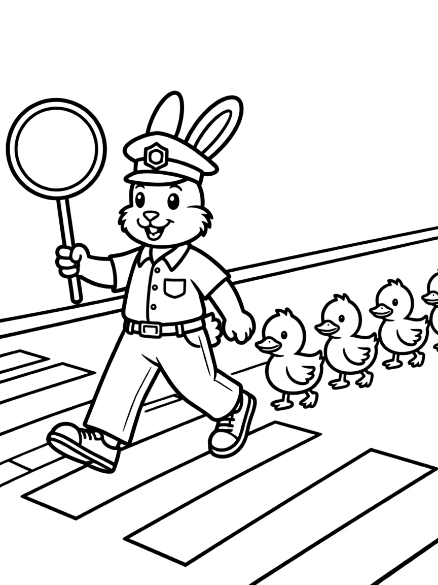 A bunny working as a crossing guard for a line of ducklings