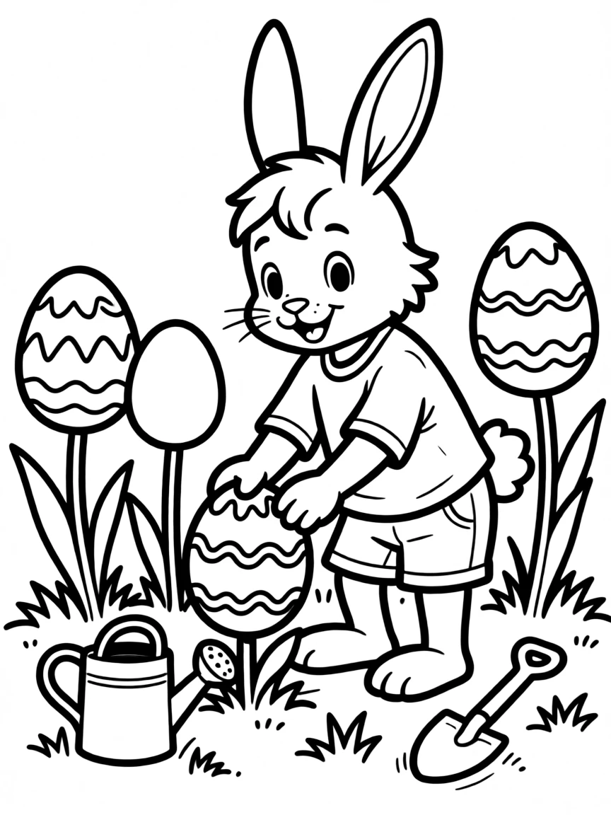 A bunny planting a garden of flowers shaped like Easter eggs