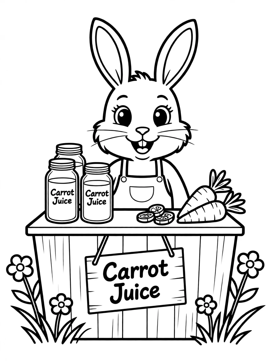 A bunny operating a lemonade stand with carrot juice