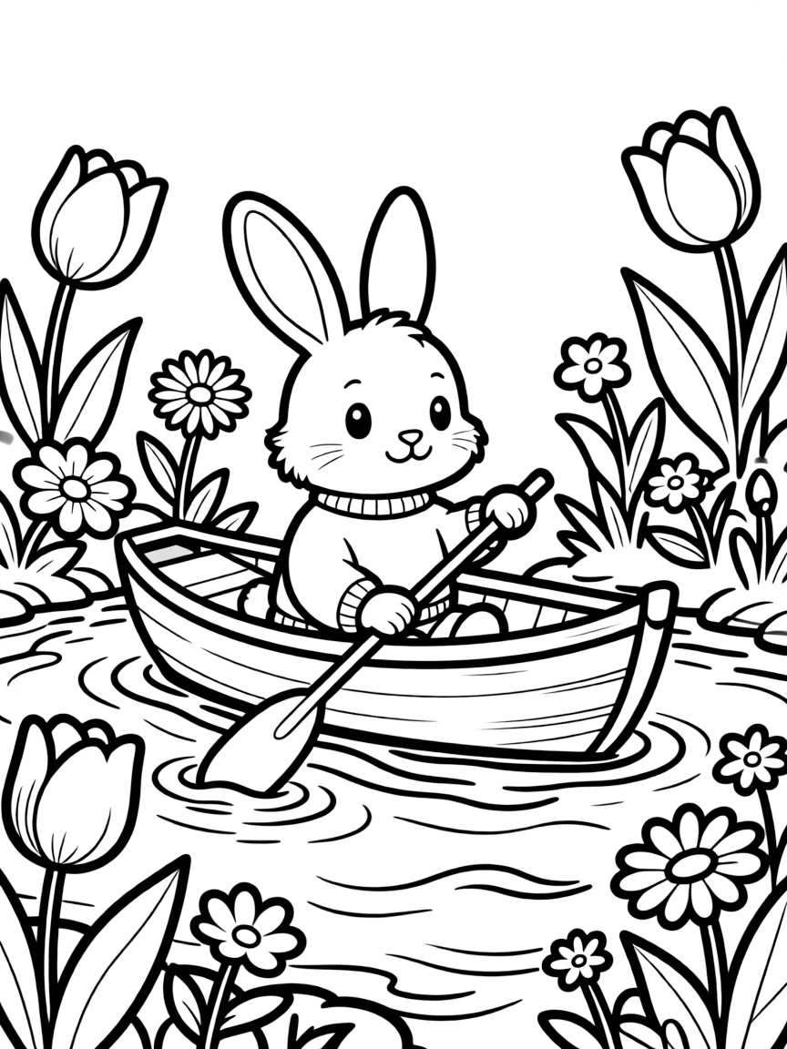 A bunny in a canoe paddling through a stream of spring flowers