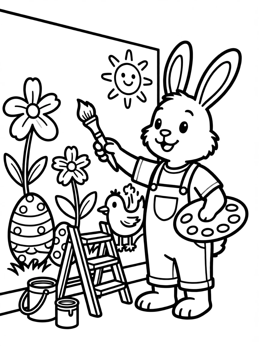 A bunny painting a mural of Easter scenes on a wall