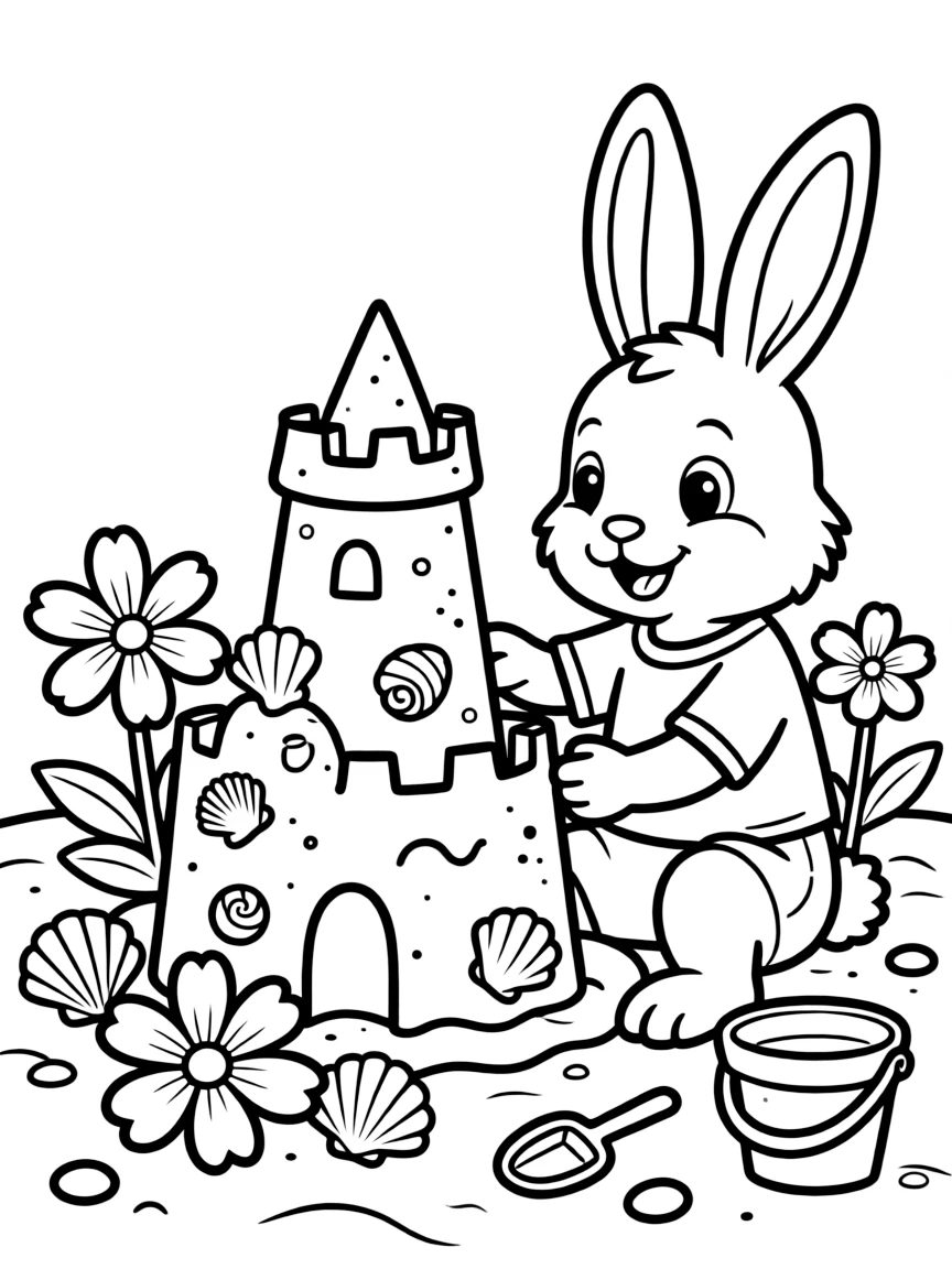 A bunny building a sandcastle decorated with shells and flowers