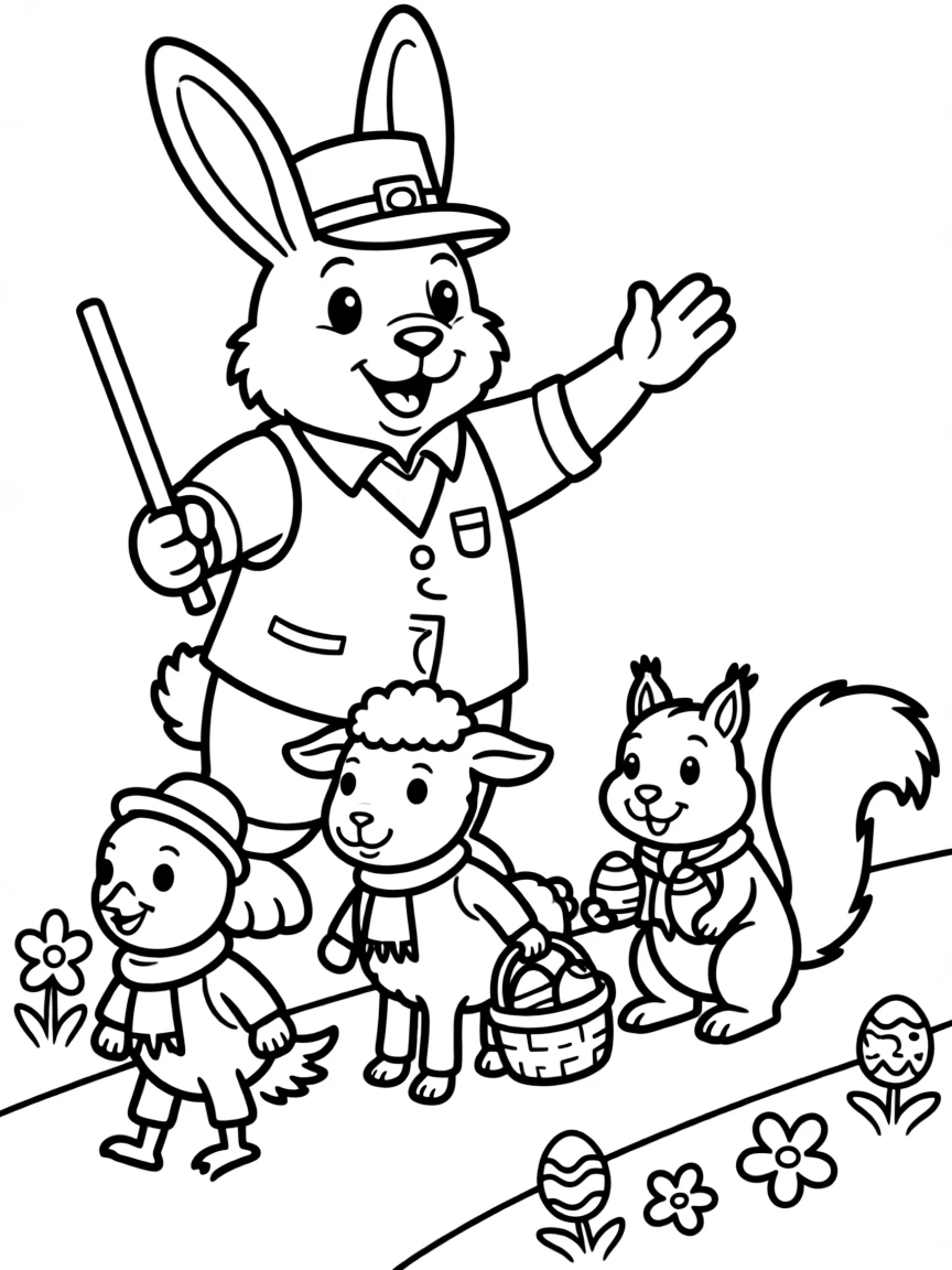 A bunny directing traffic of animals going to an Easter parade
