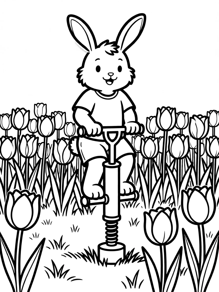 A bunny riding a pogo stick through a field of tulips