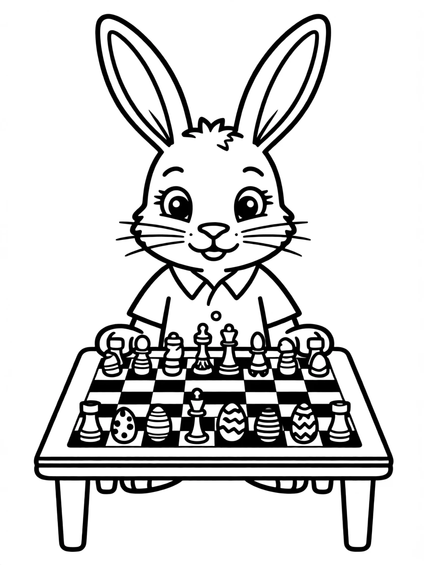 A bunny playing chess with pieces shaped like Easter eggs