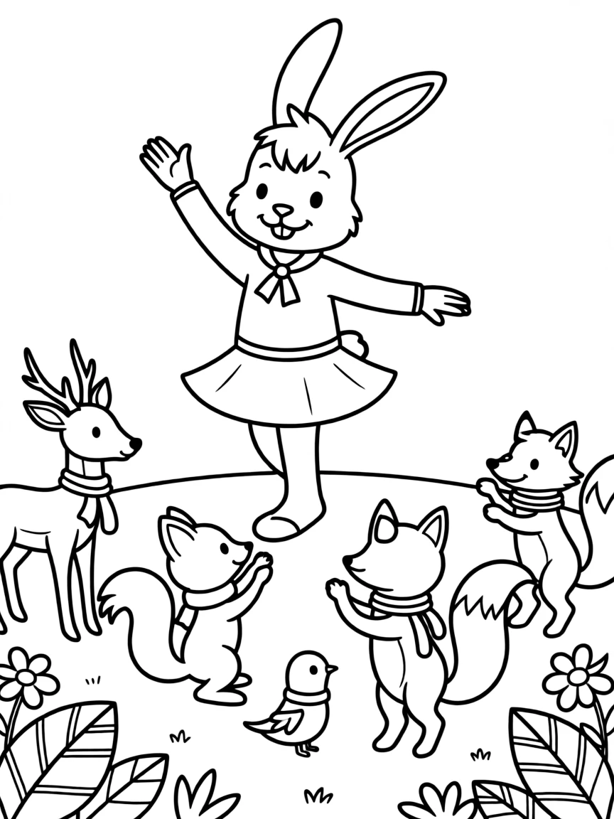 A bunny teaching a dance class for forest animals