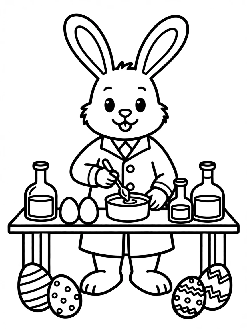 A bunny chemist mixing colors for Easter egg dyes