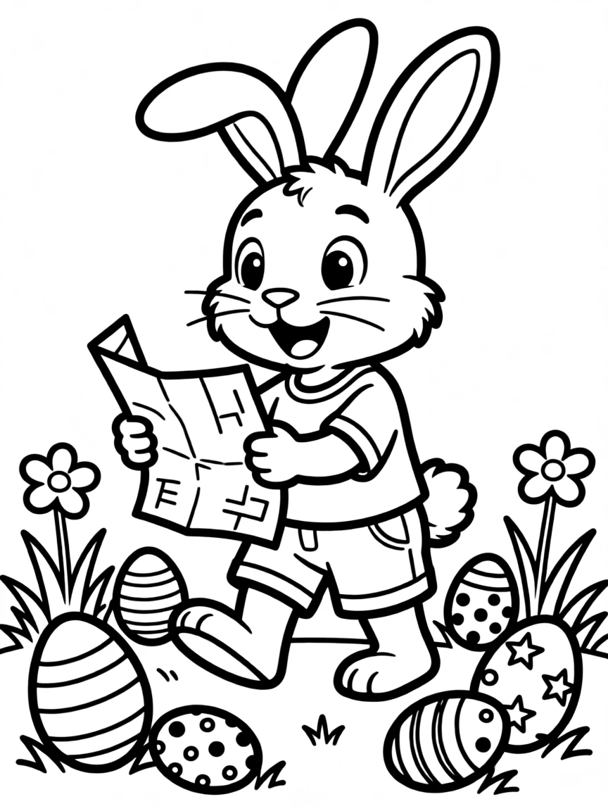 A bunny on a treasure hunt following a map to Easter eggs