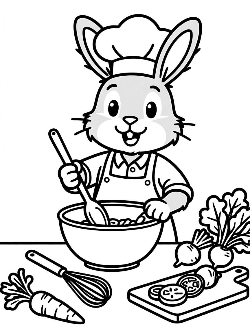 A bunny sous chef preparing a spring vegetable feast