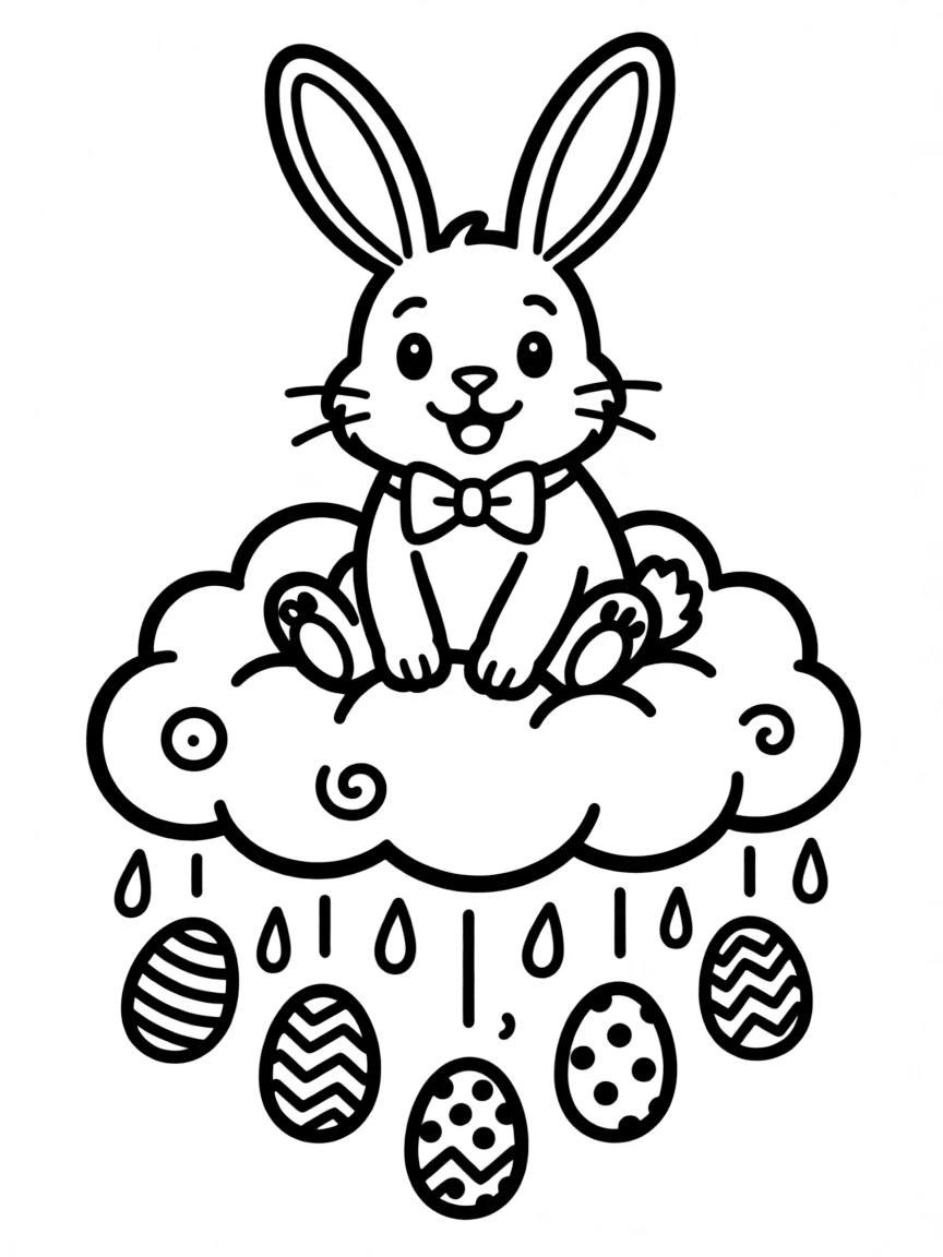 A bunny sitting on a cloud making it rain Easter eggs