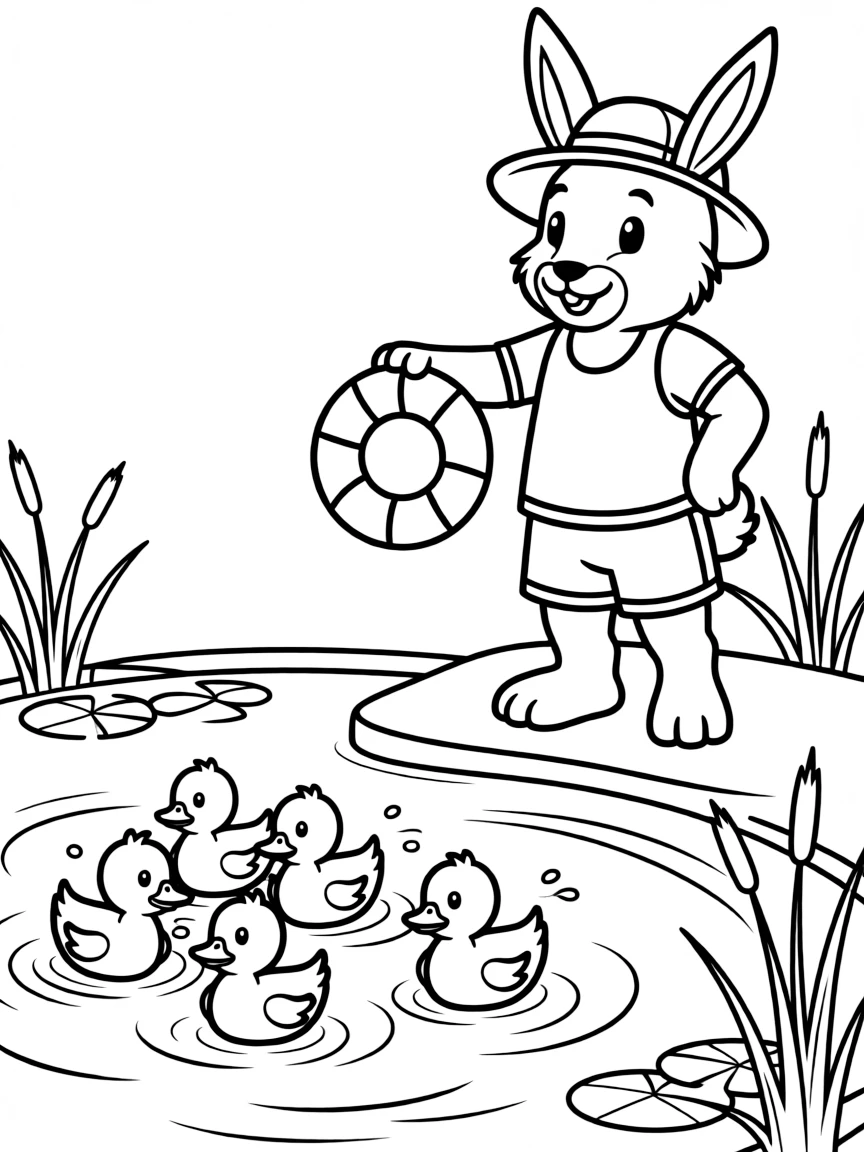 A bunny lifeguard watching over swimming ducklings