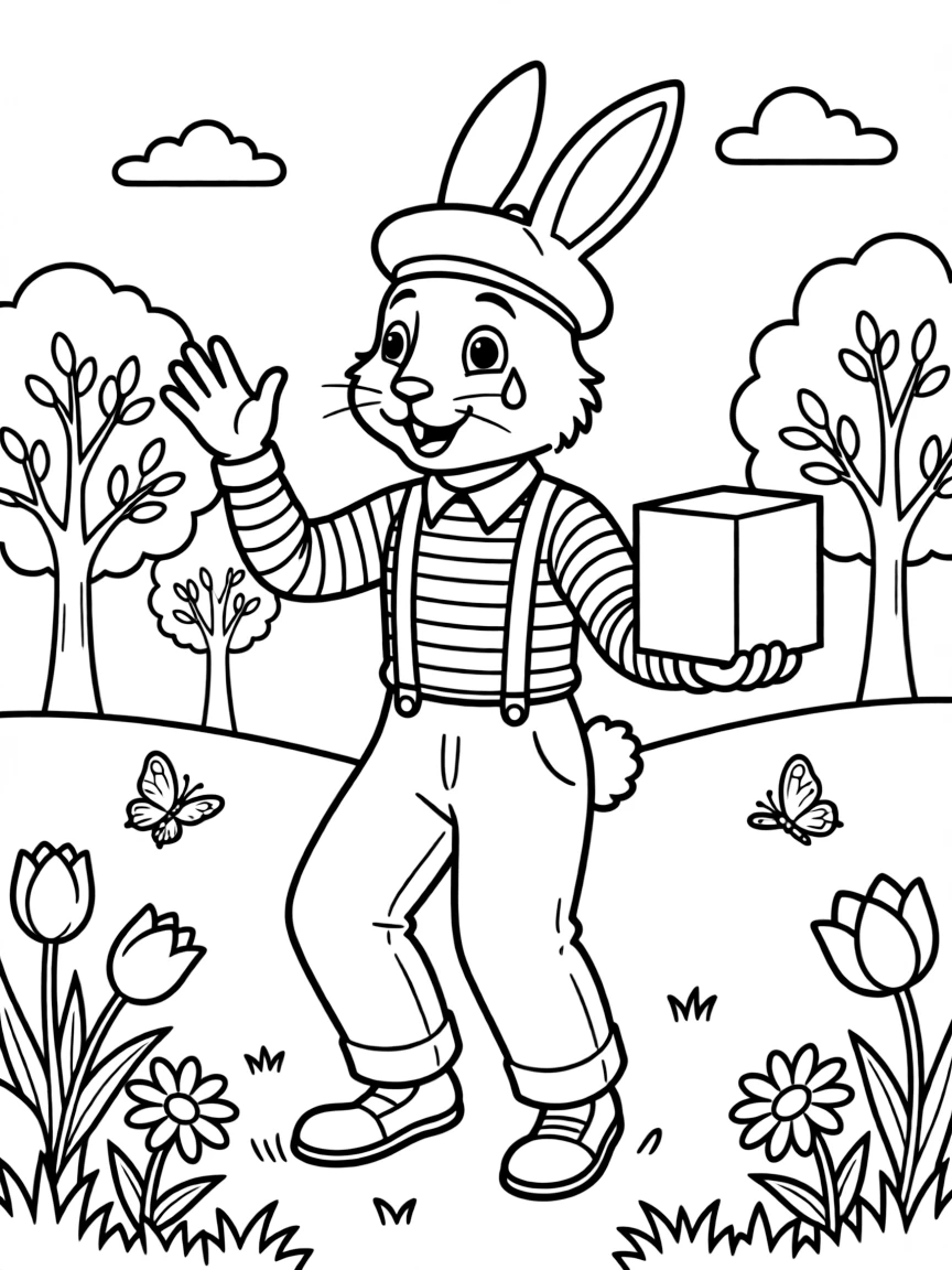 A bunny mime performing in a park with spring scenery