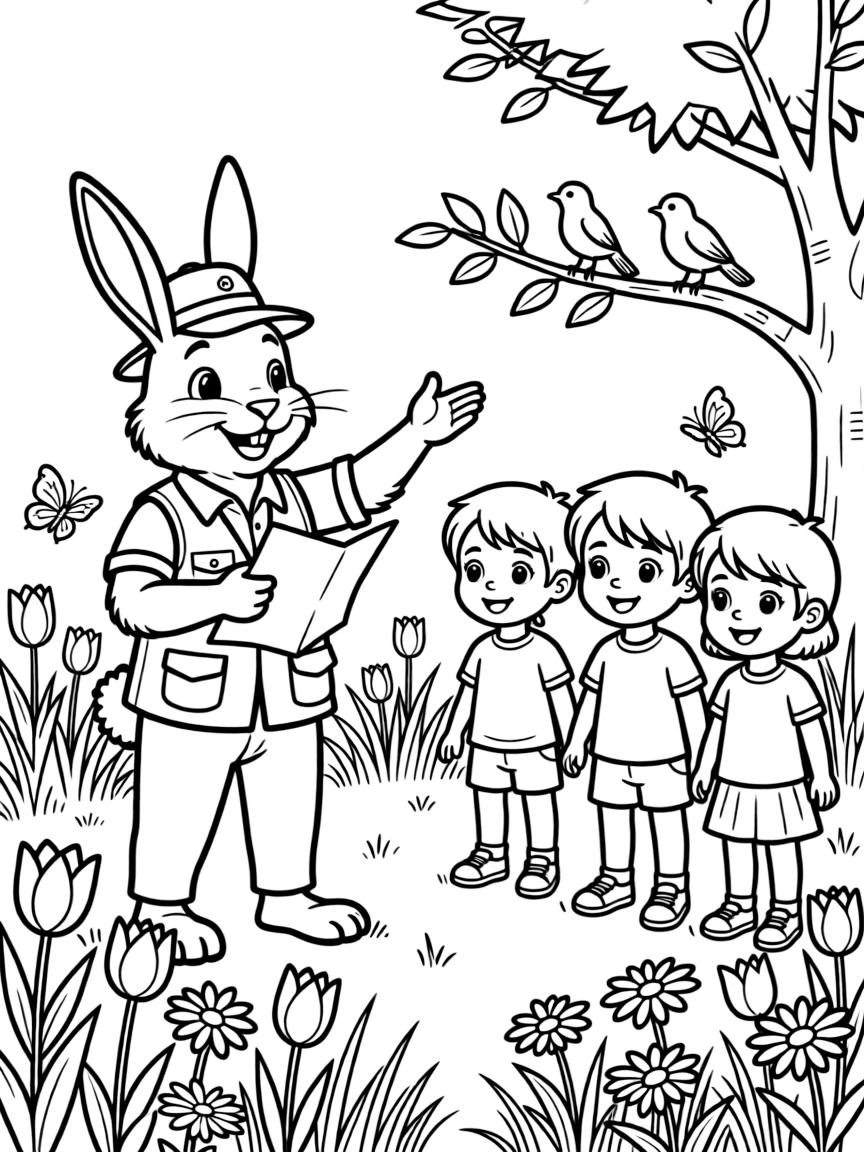 A bunny tour guide leading a group through a spring garden