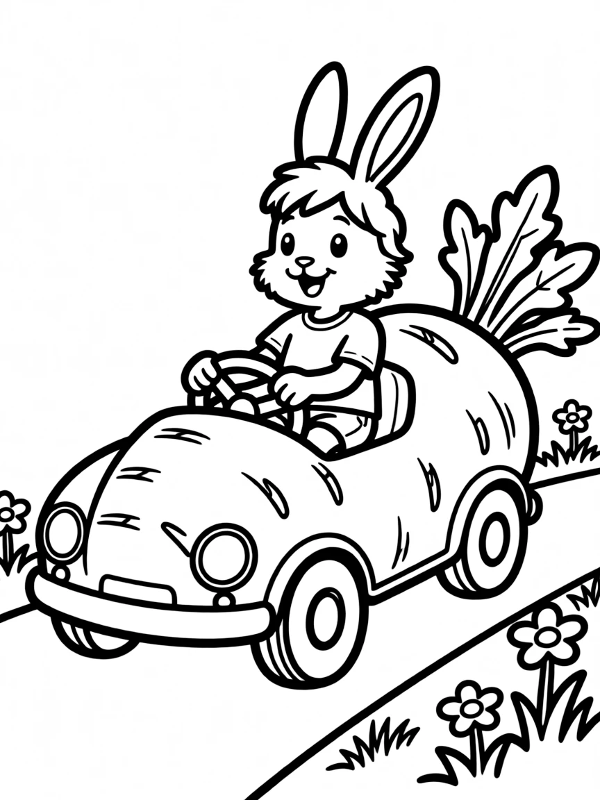 A bunny driving a car shaped like a carrot