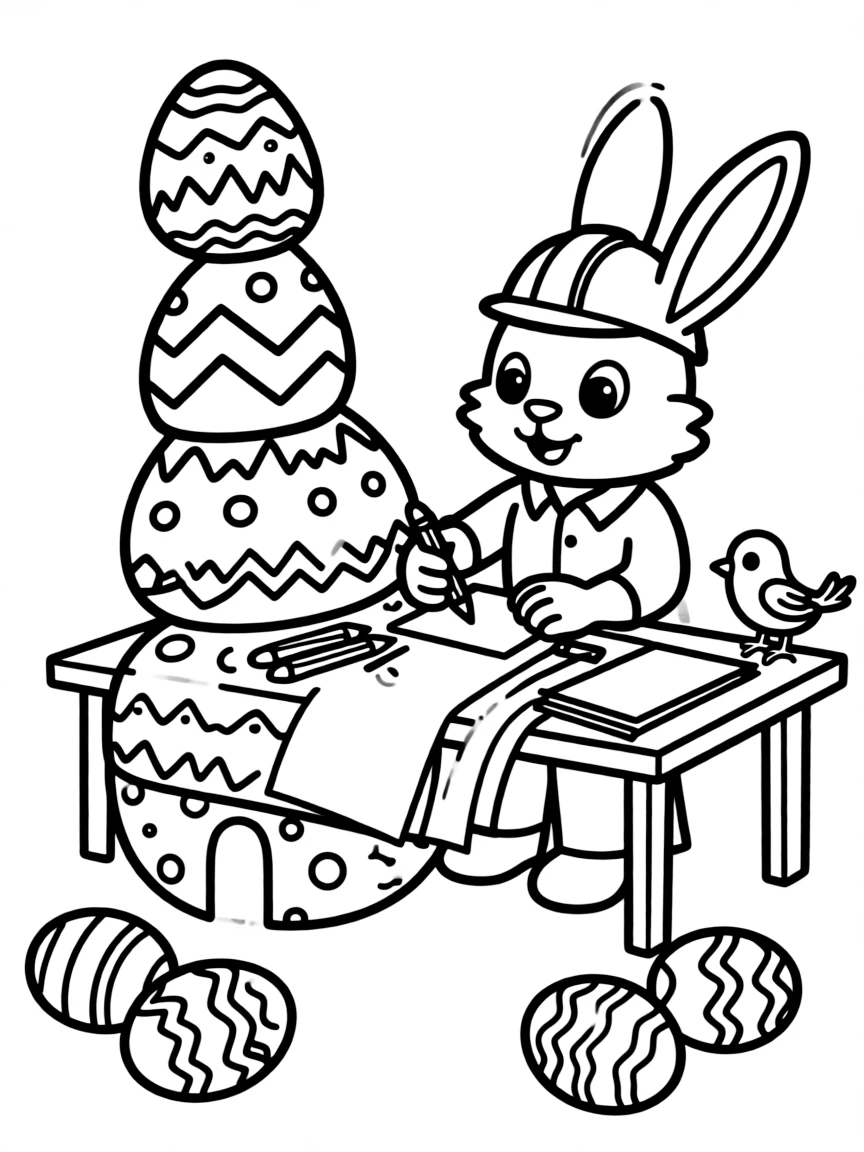 A bunny architect designing a house made of Easter eggs