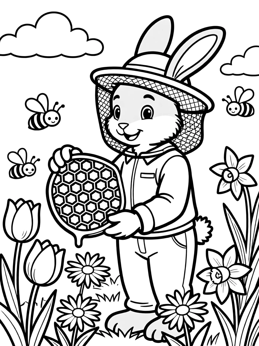 A bunny beekeeper collecting honey from spring flowers